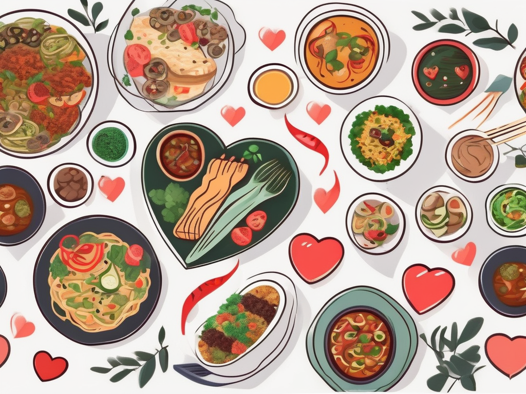 A heart symbol surrounded by various international cuisine dishes