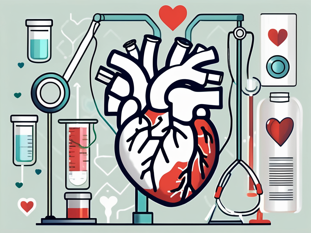 A healthy heart surrounded by various research tools like a microscope