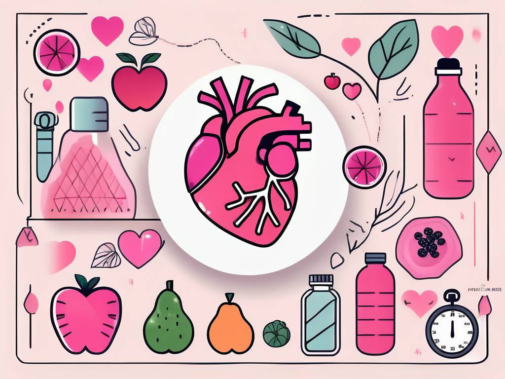 A healthy heart surrounded by symbols of healthy habits such as a water bottle